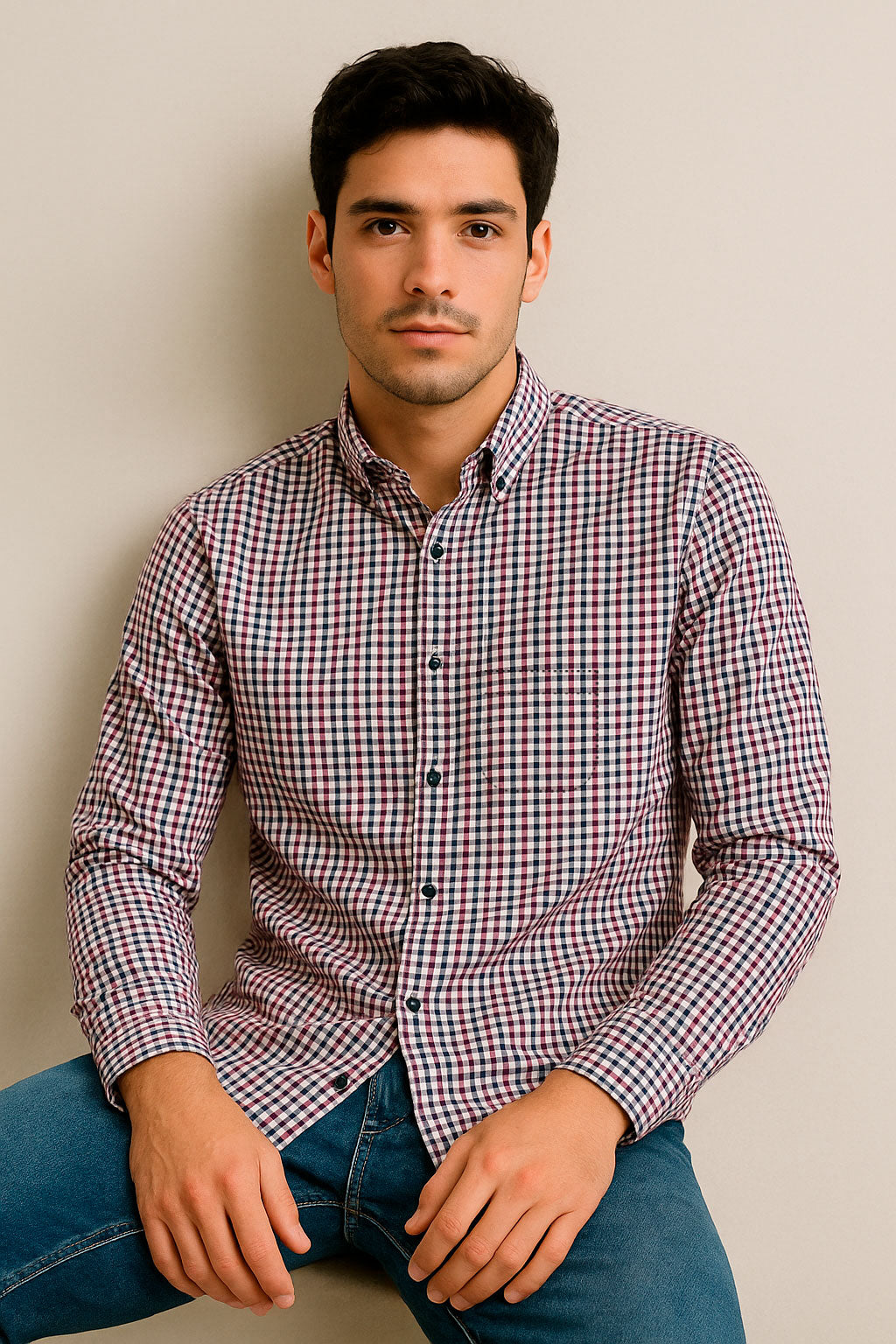 Camisas Para Hombre Cuadros Clásica Con Bolsillo B55203 Rojo