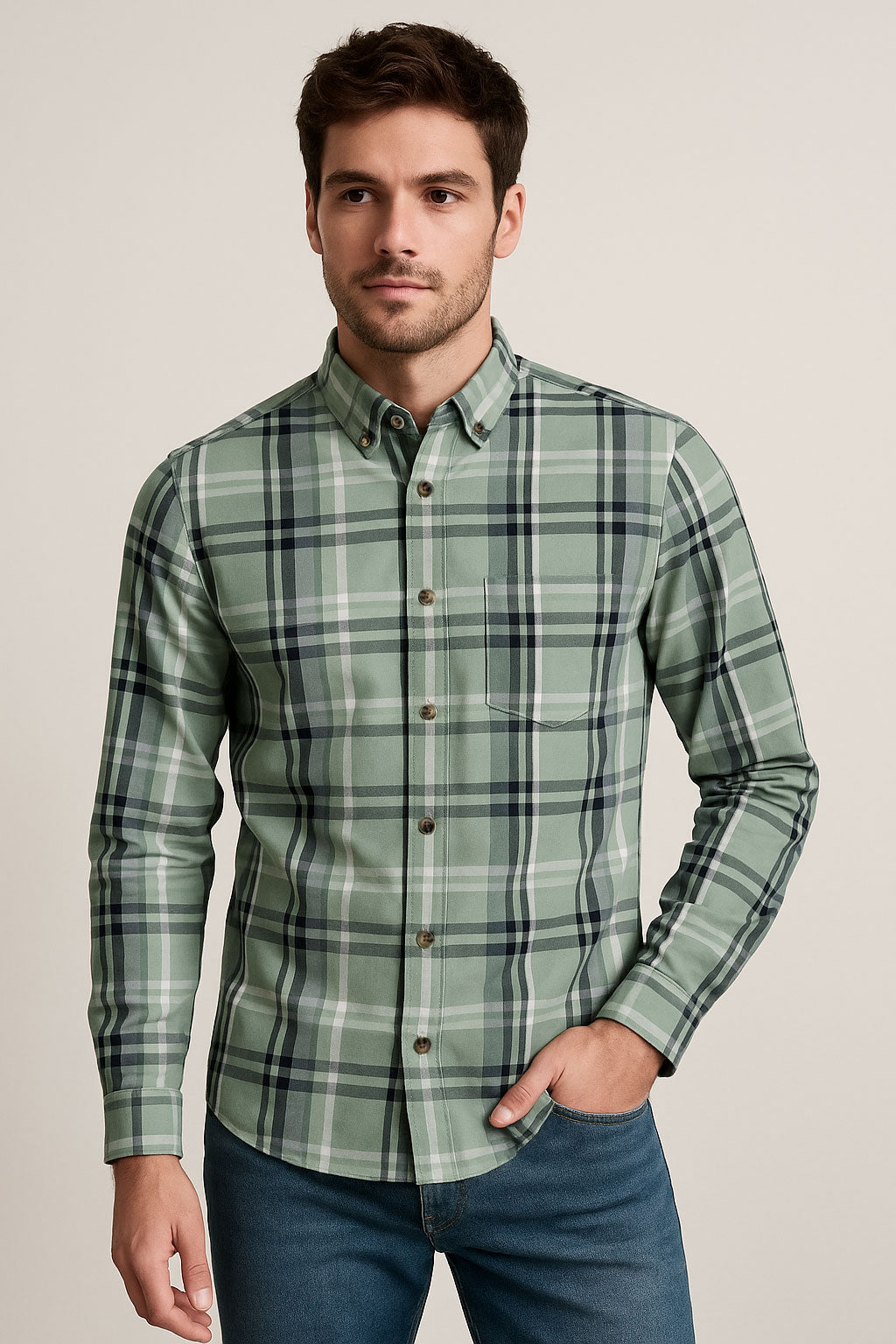 Camisas Para Hombre Cuadros Button Down B55101 Verde