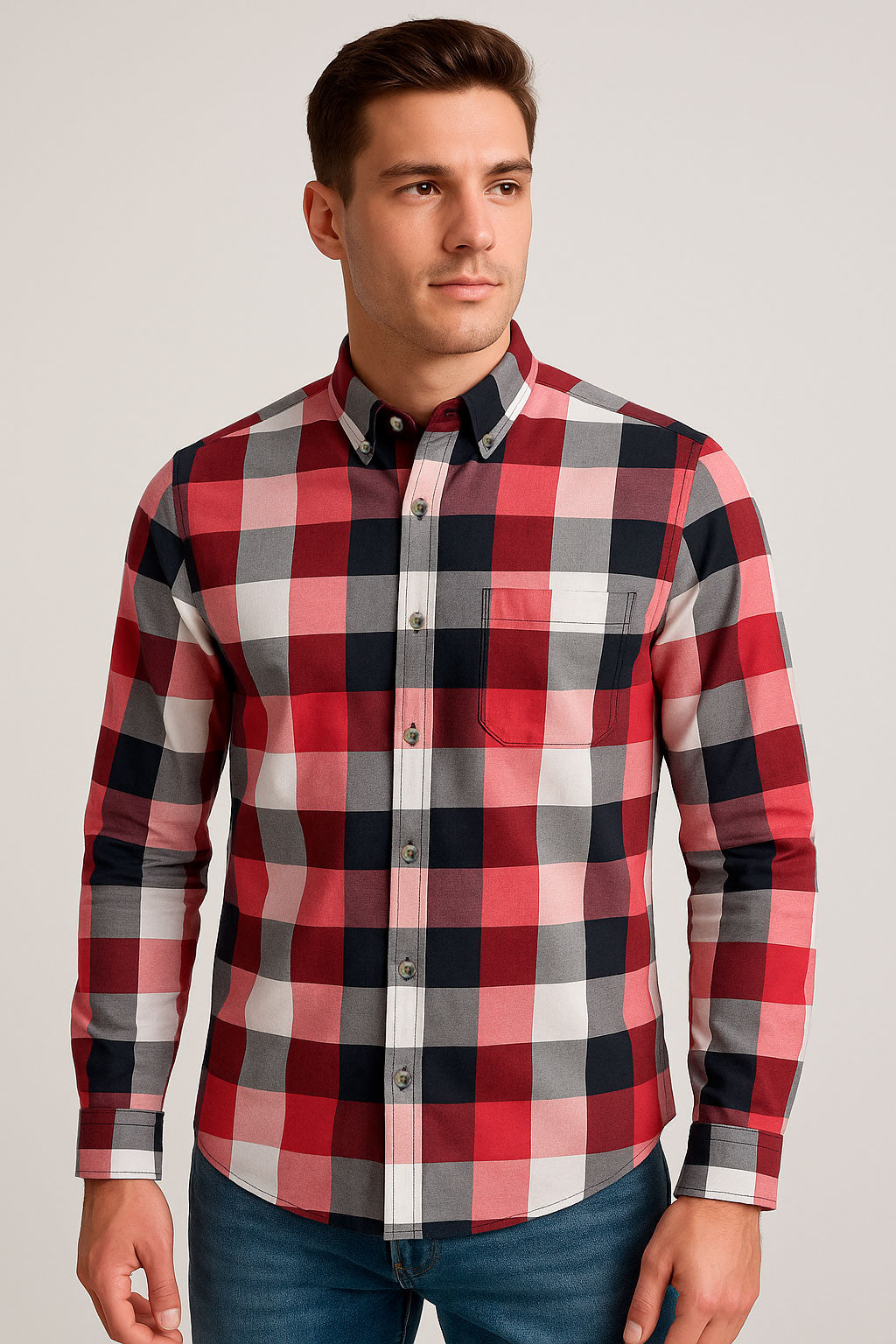 Camisas Para Hombre Manga Larga Cuadros Soft B55107 Marino