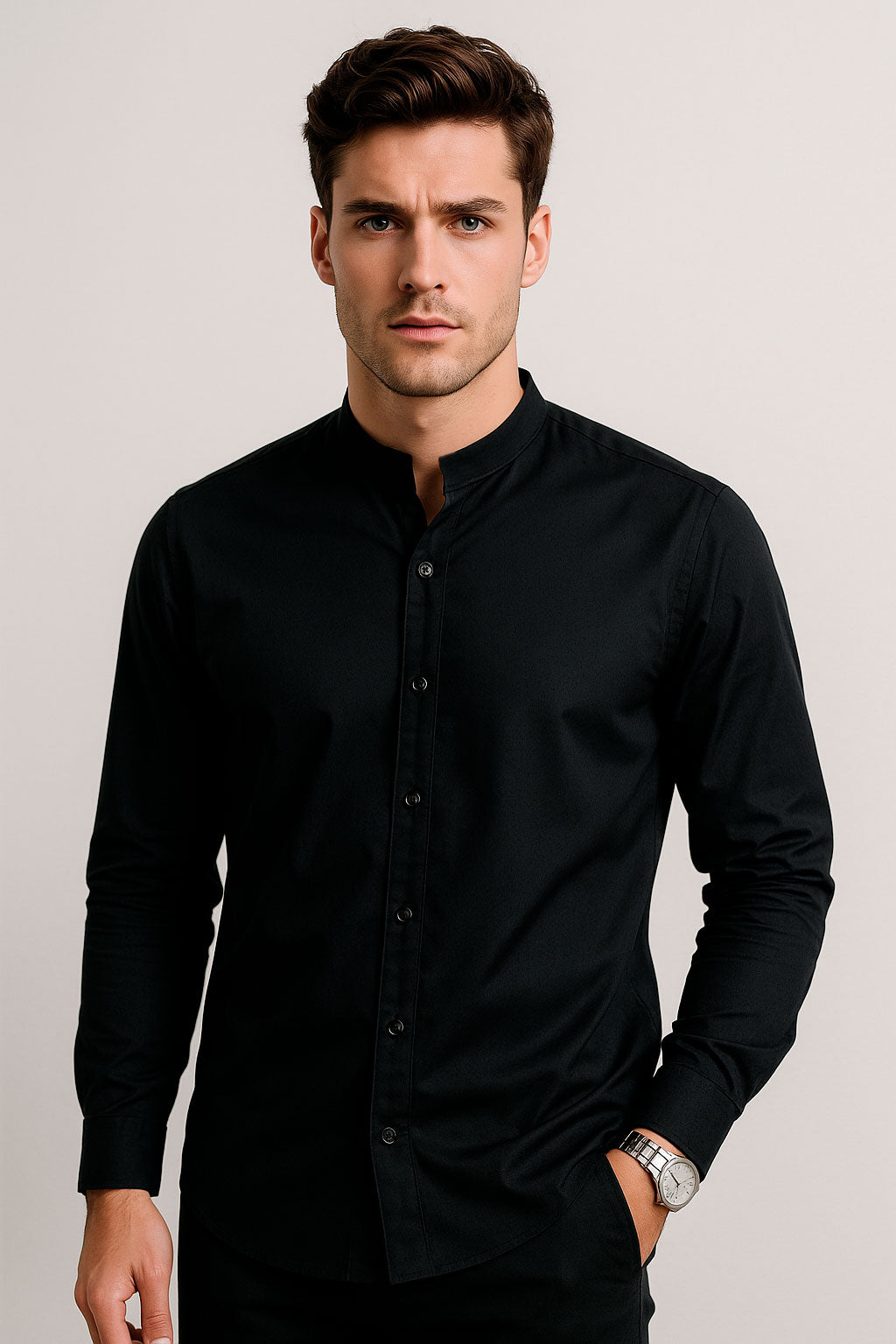 Camisas Para Hombre Jaquard Cuello Mao B55301 Negro
