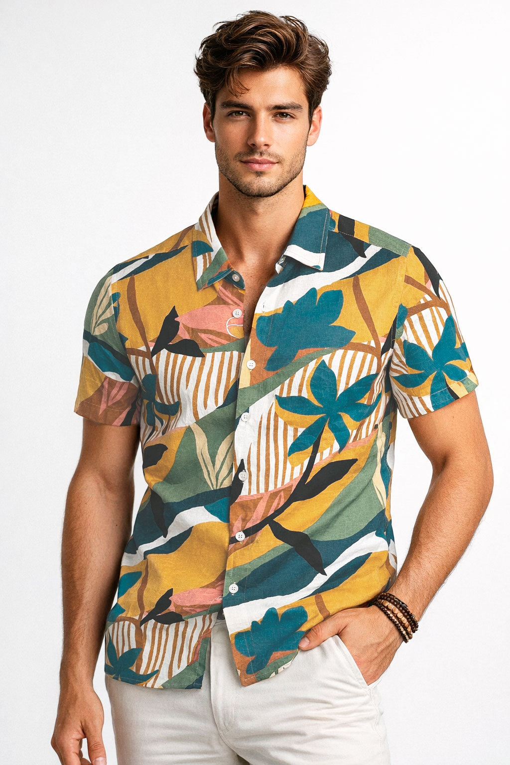 Camisas Para Hombre Manga Corta Estampado Tropical B51568 Azul