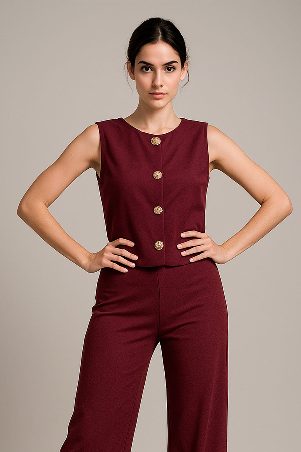 Chalecos Para Mujer Con Textura Tres Botones R53101 Vino