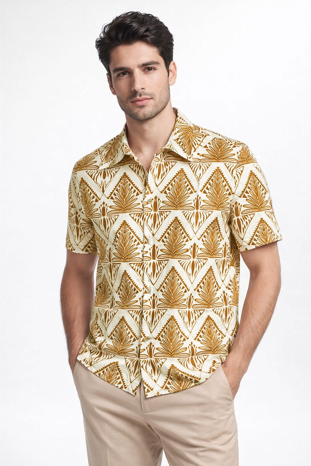 Camisas Para Hombre Manga Corta Estampado Tropical B51564 Ocre