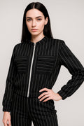 Chamarras Para Mujer Corta De Rayas Con Bolsillos Q53102 Negro