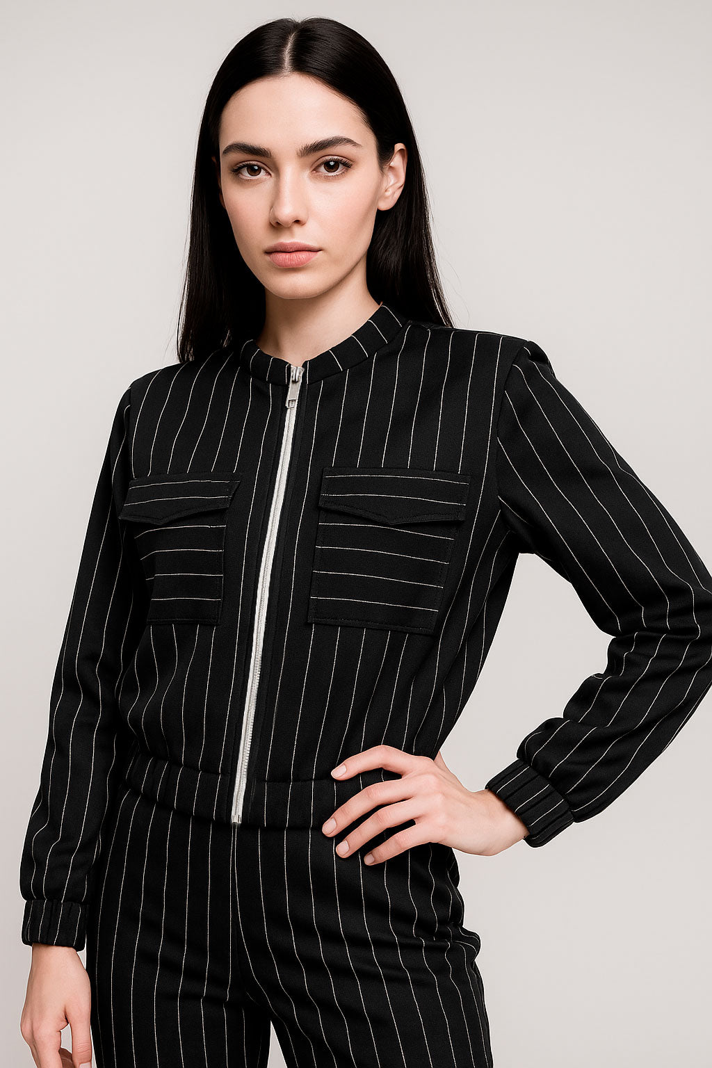 Chamarras Para Mujer Corta De Rayas Con Bolsillos Q53102 Negro