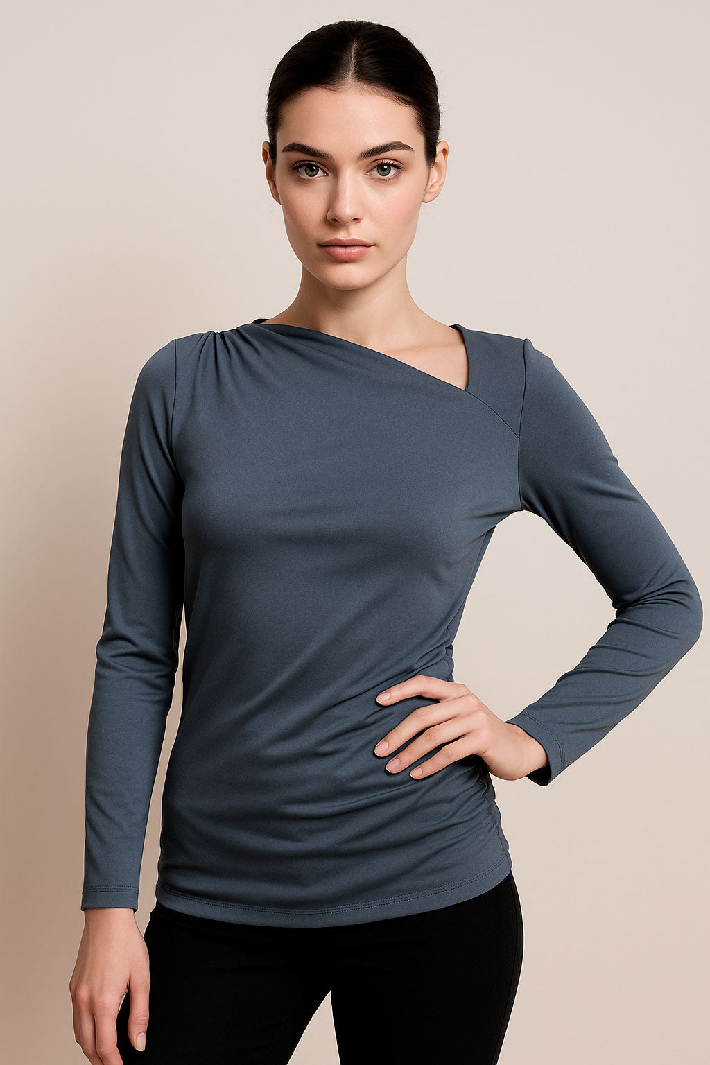 Blusas Para Mujer Cuello Asimétrico Fruncido Lateral N53130 Azul