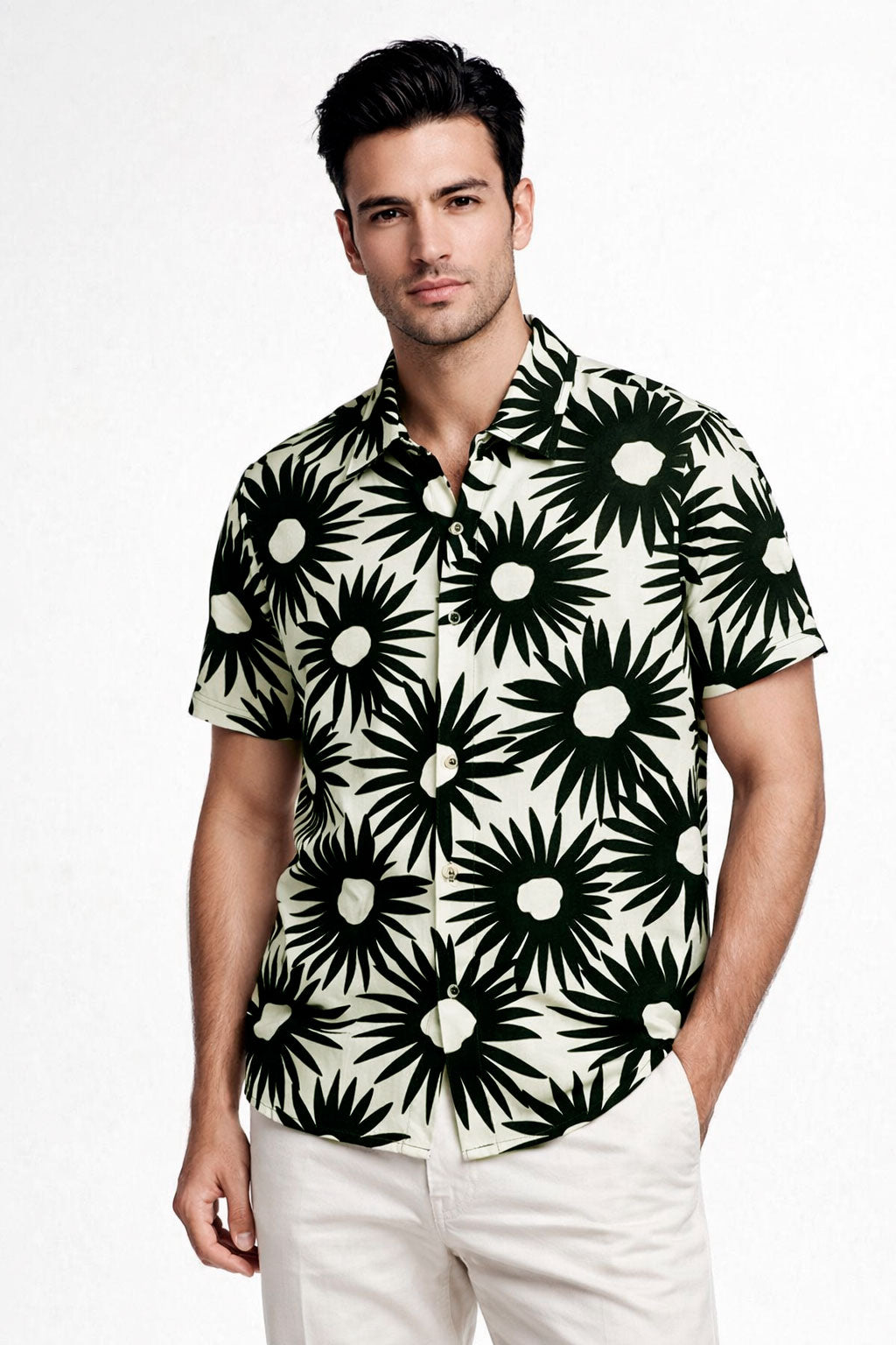 Camisas Para Hombre Manga Corta Estampado Tropical B51573 Negro