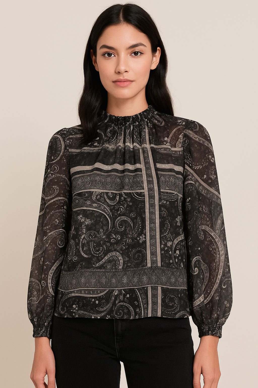 Blusas Para Mujer Ciffon Cuello Alto Estampada N53102 Unico