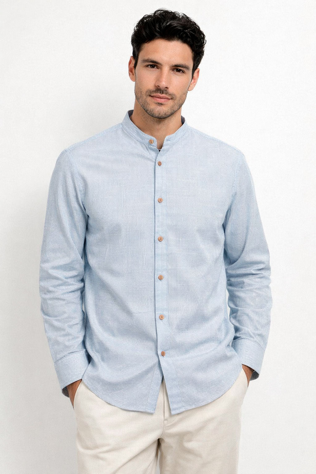 Camisas Para Hombre Cuello Mao Tipo Lino Micro Rayas B61311 Azul