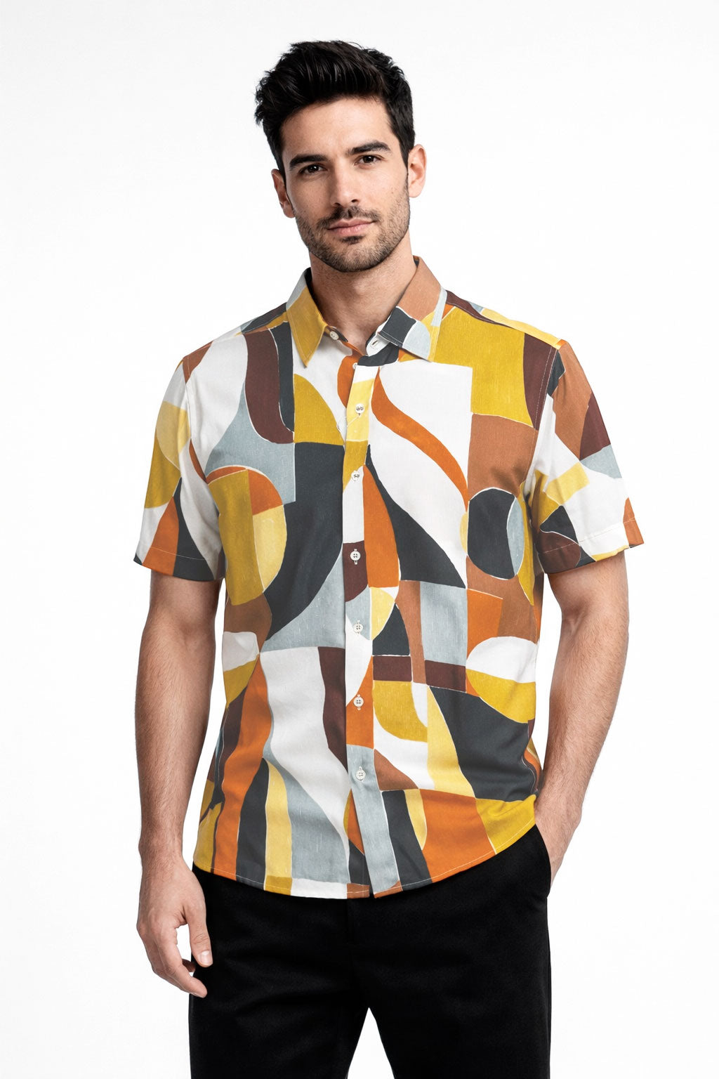 Camisas Para Hombre Manga Corta Estampado Tropical B51567 Naranja