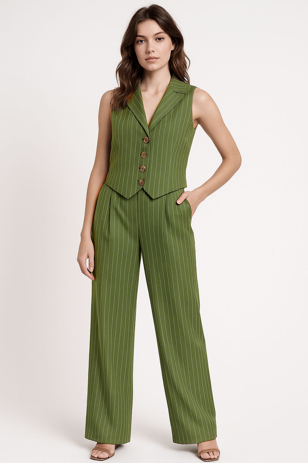 Pantalones Para Mujer De Rayas Estilo Sastrero Con Pinzas W53109 Militar