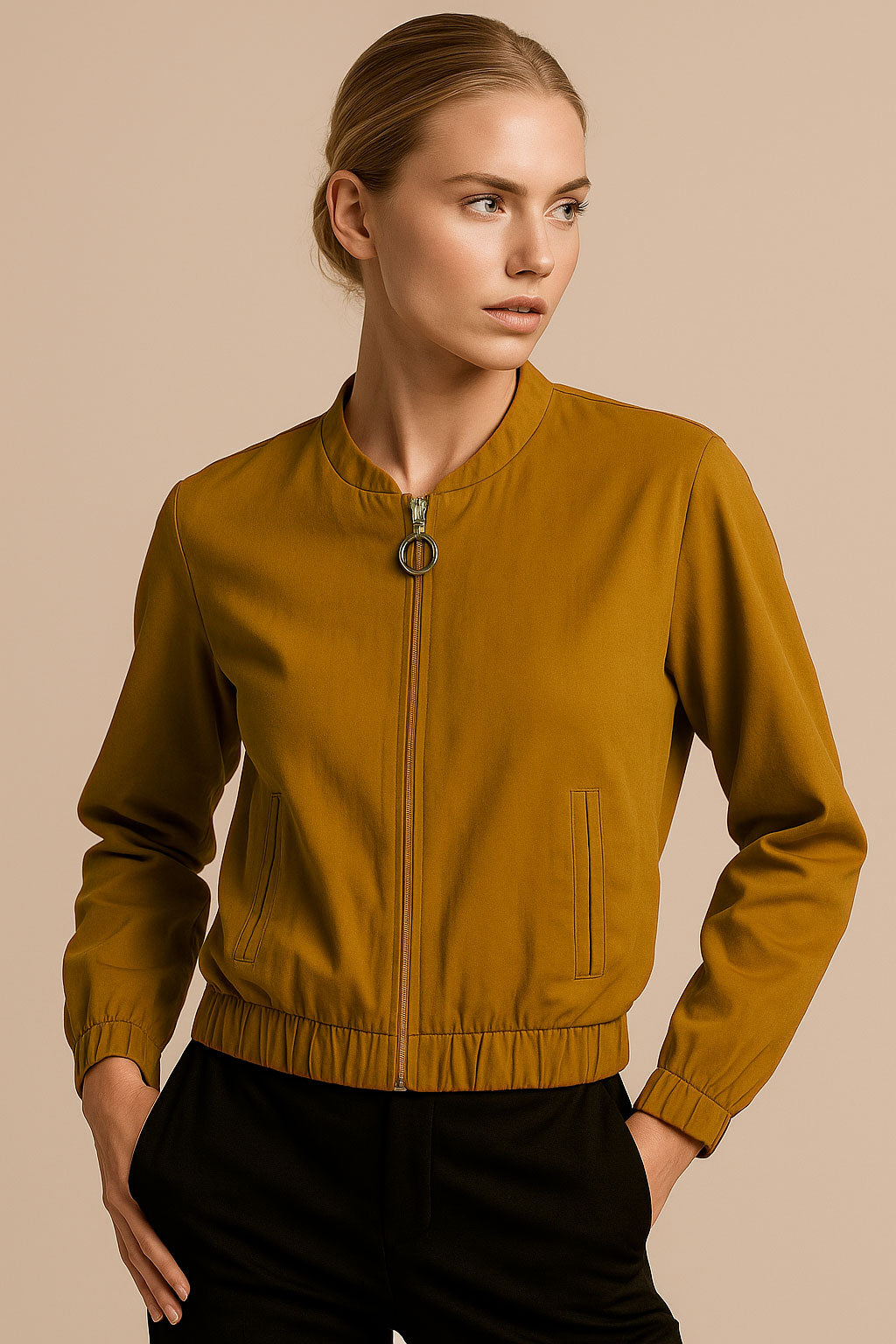 Chamarras Para Mujer Bomber Jacket Corta Q53101 Ocre