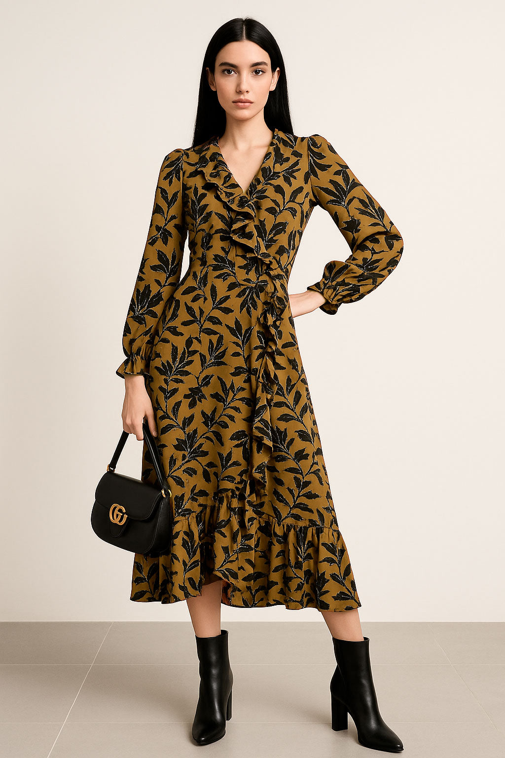 Vestidos Para Mujer Largo Con Olanes Floreado S53118 Moka