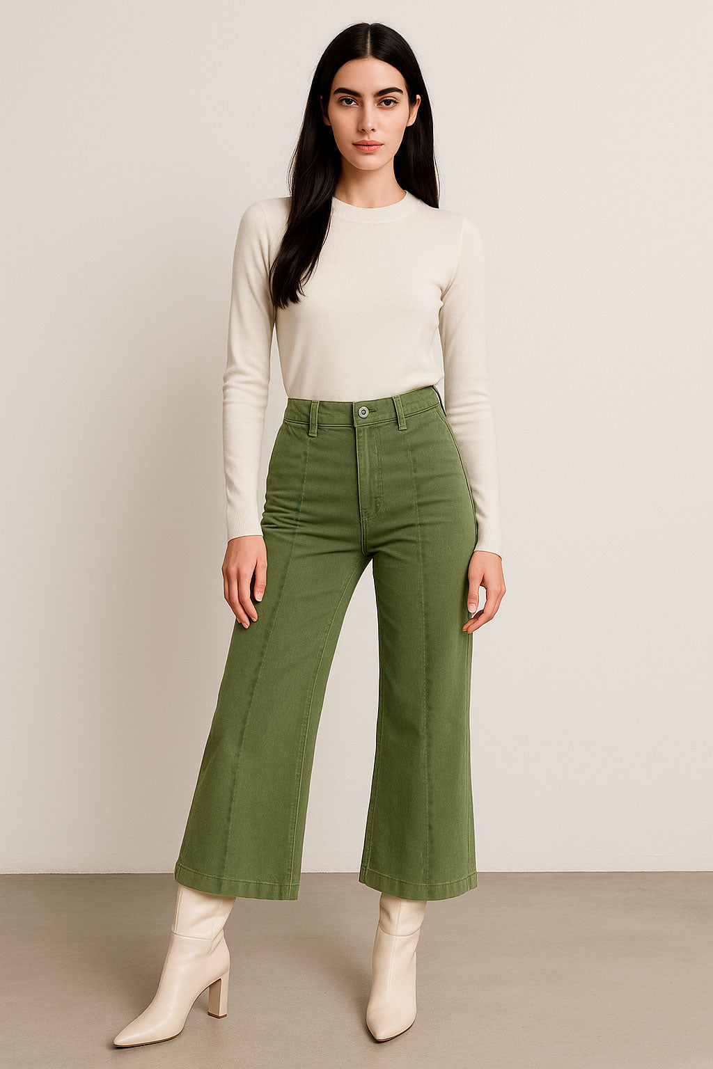 Jeans Para Mujer Wide Leg De Gabardina Con Pespunte V53105 Olivo