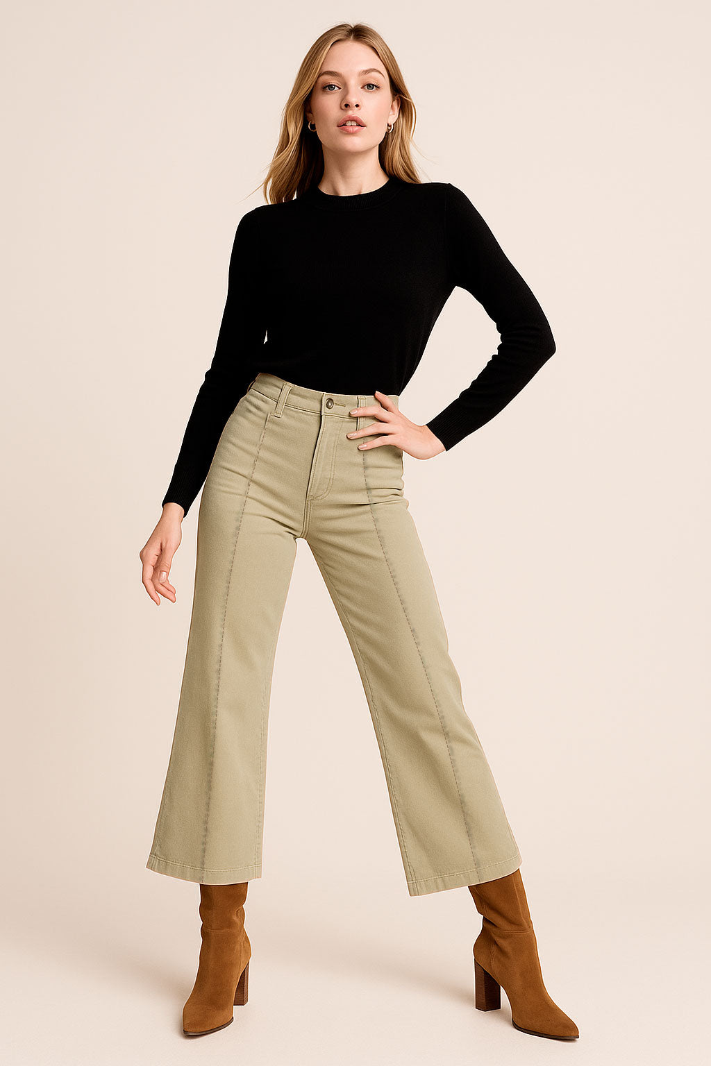 Jeans Para Mujer Wide Leg De Gabardina Con Pespunte V53105 Kaki