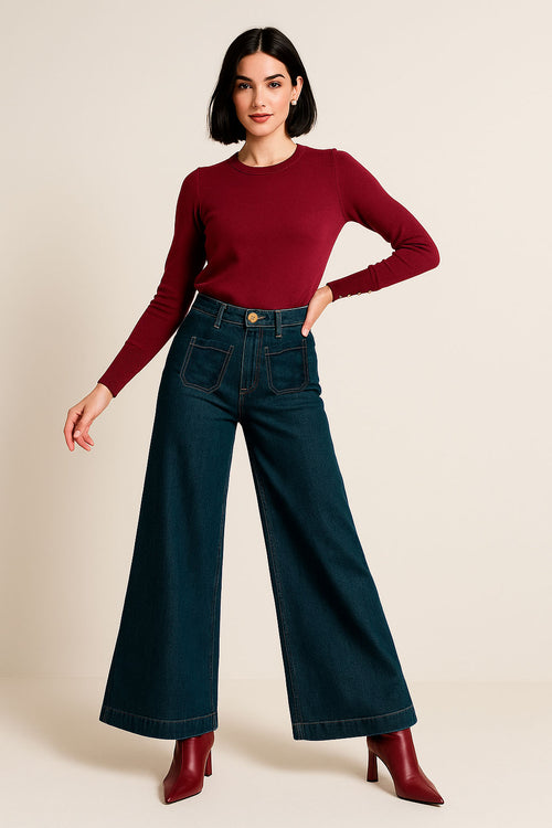 Jeans Para Mujer Pantalón De Mezclilla Wide Leg V53100 Indigo