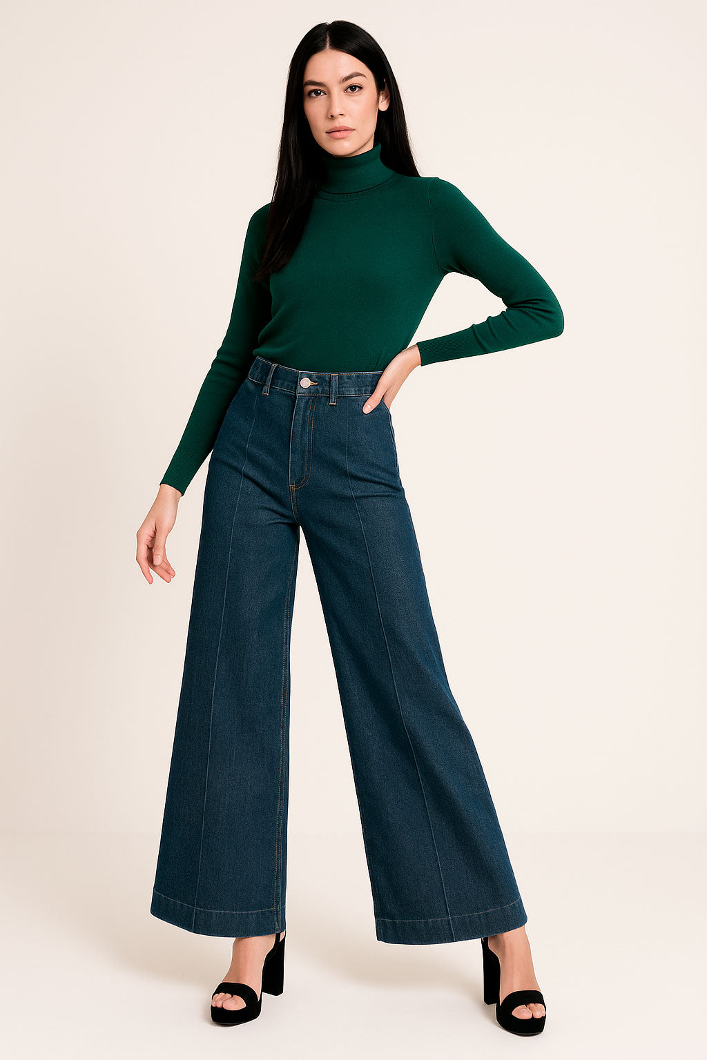 Jeans Para Mujer Wide Leg Con Pespunte V53104 Indigo