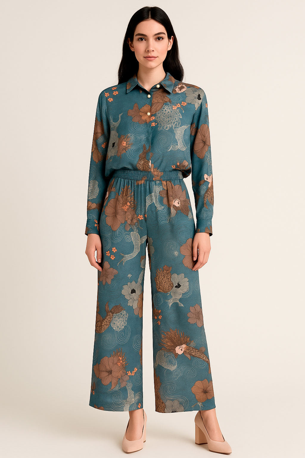 Pantalones Para Mujer Estilo Japonés Satinado W53104 Azul