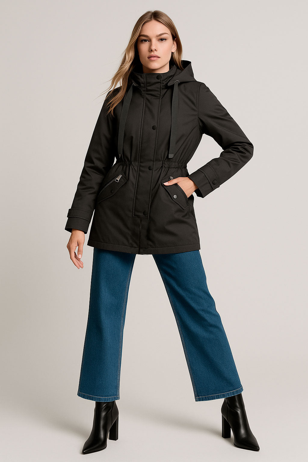 Gabardinas Para Mujer con Capucha, Botones y Cierre T43201 Negro