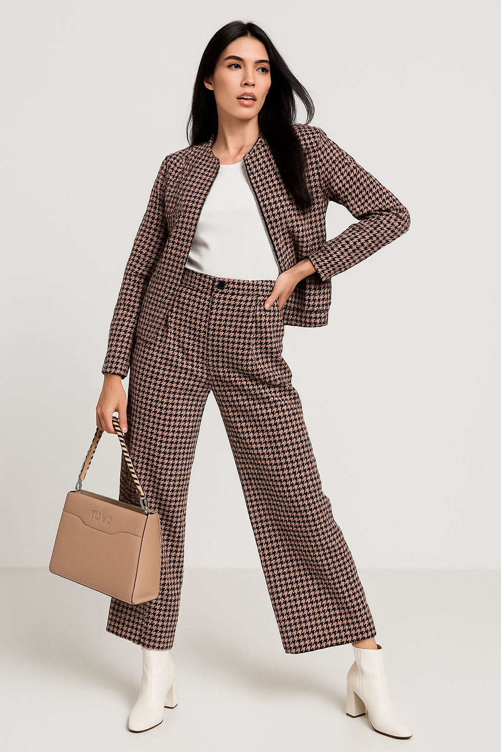 Pantalones Para Mujer Pata De Gallo Con Pinzas W53112 Rosa Palo