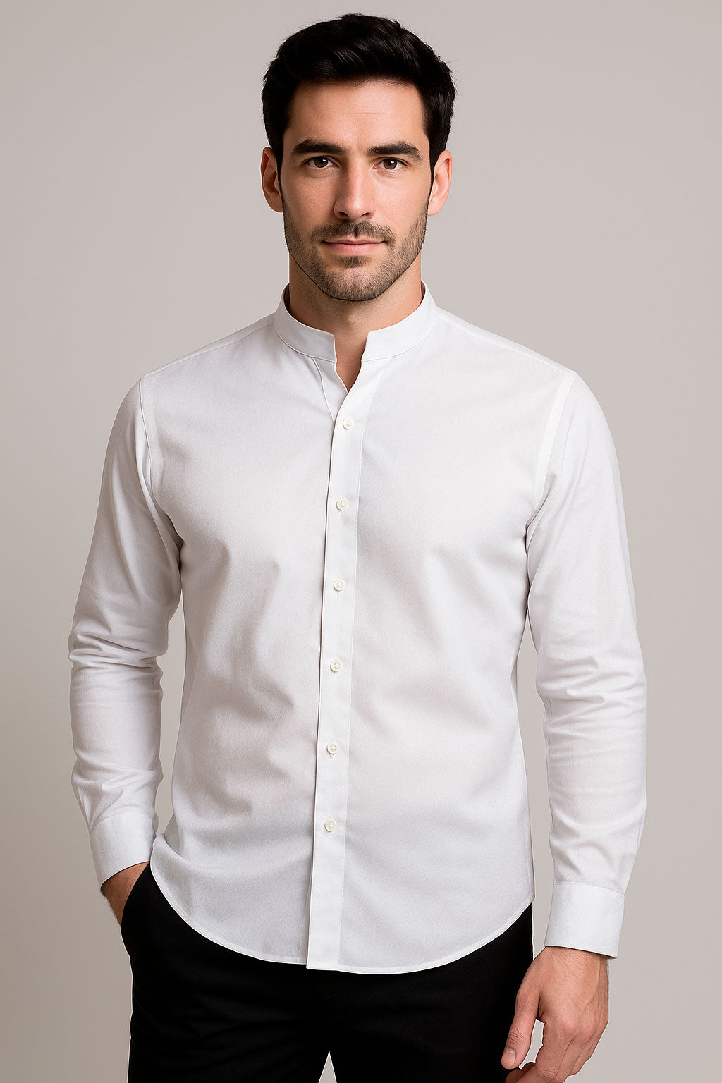 Camisas Para Hombre Jaquard Cuello Mao B55301 Blanco