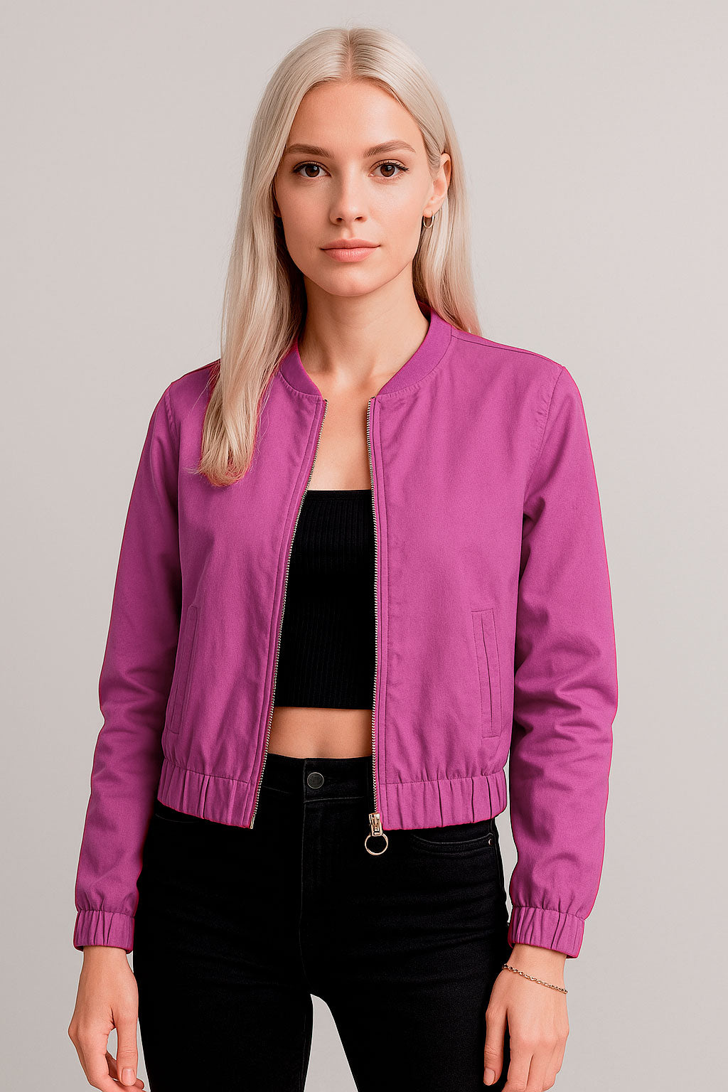 Chamarras Para Mujer Bomber Jacket Corta Q53101 Magenta