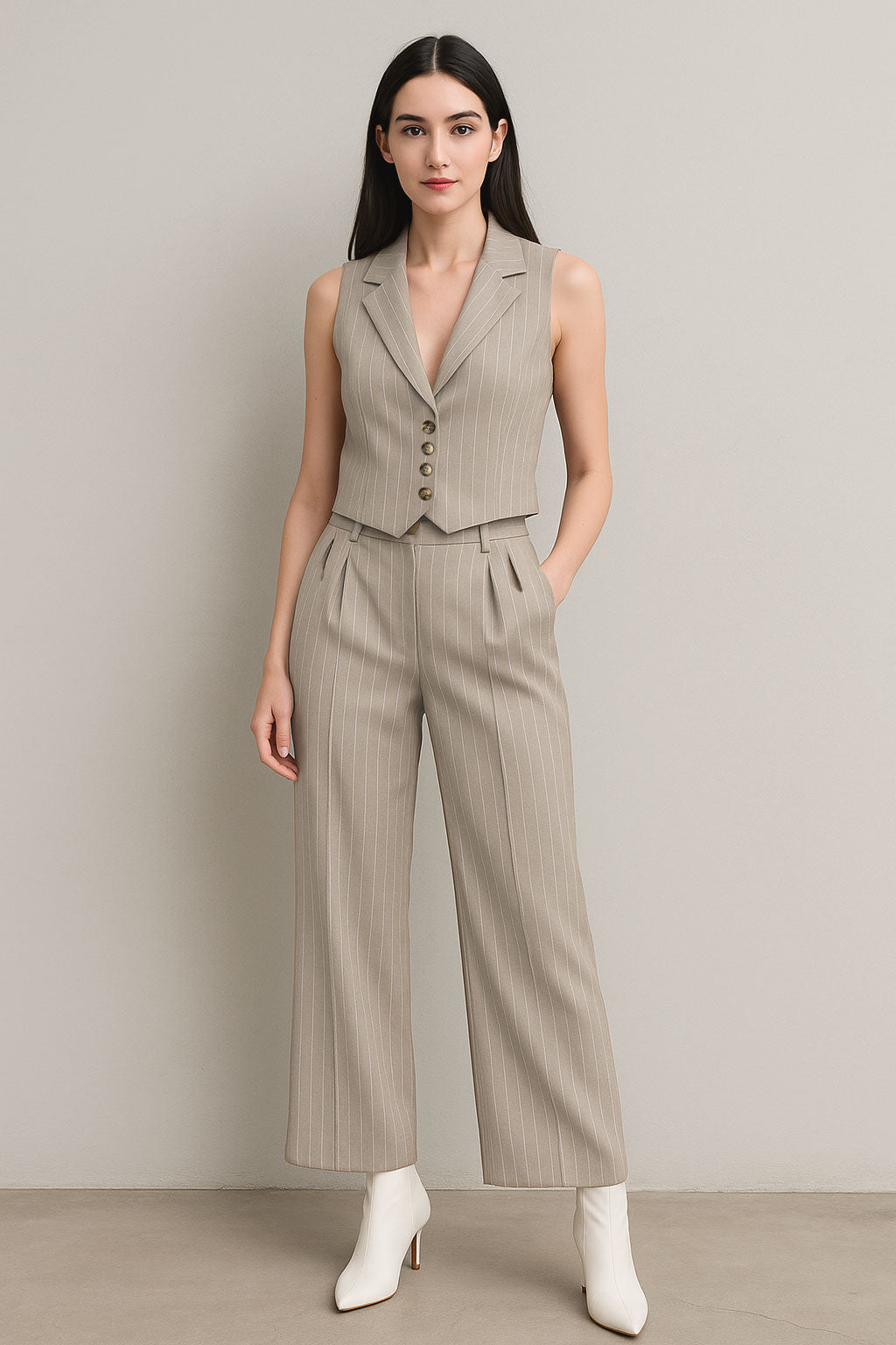 Chalecos Para Mujer De Rayas Estilo Sastrero R53100 Beige