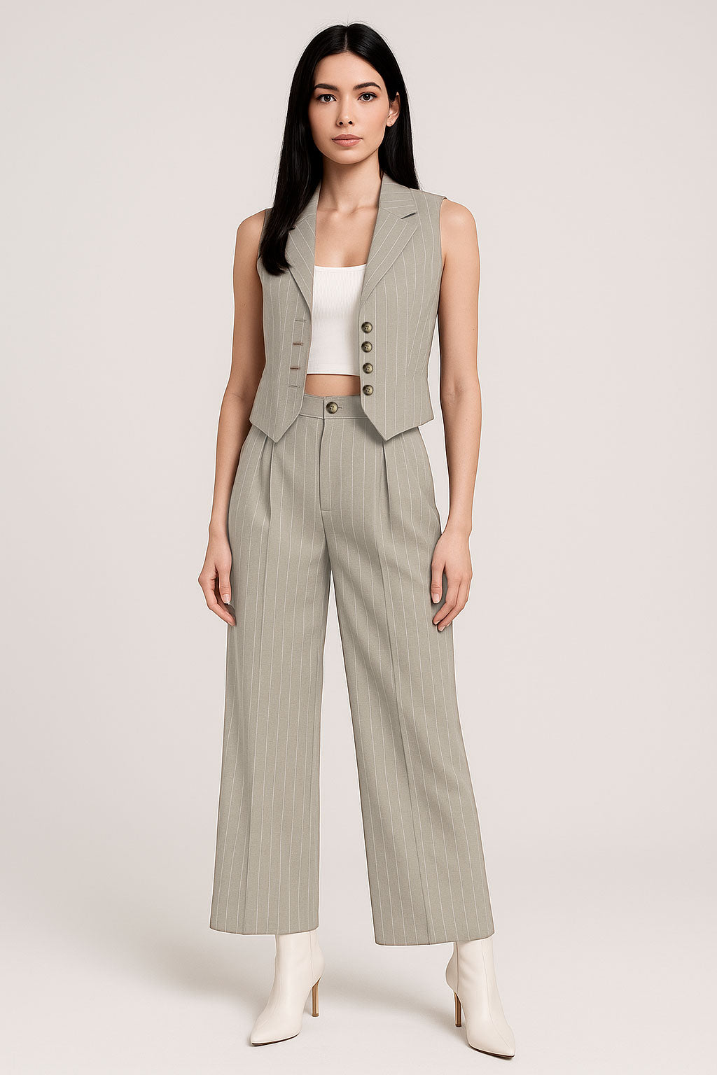 Pantalones Para Mujer De Rayas Estilo Sastrero Con Pinzas W53109 Beige