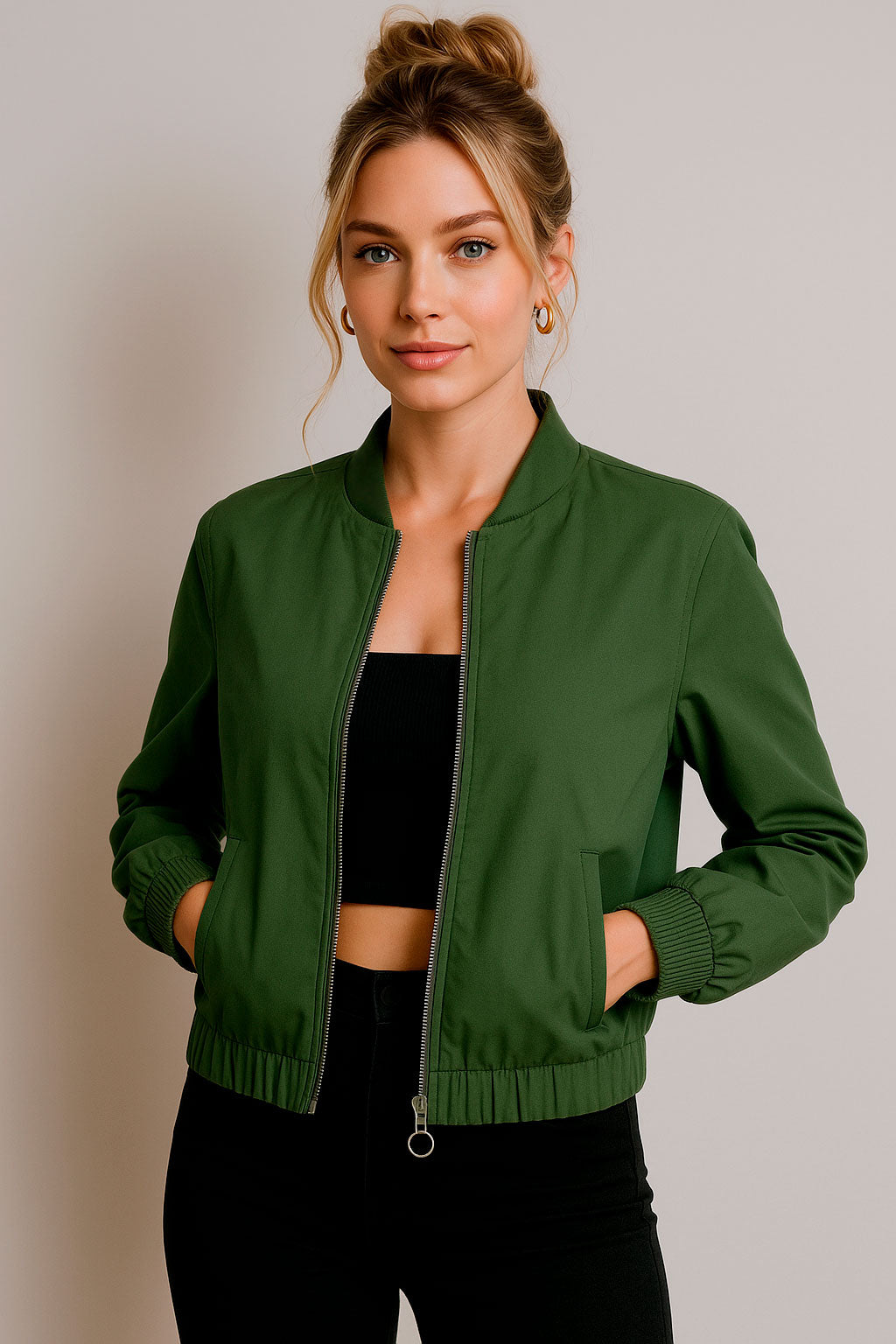 Chamarras Para Mujer Bomber Jacket Corta Q53101 Militar