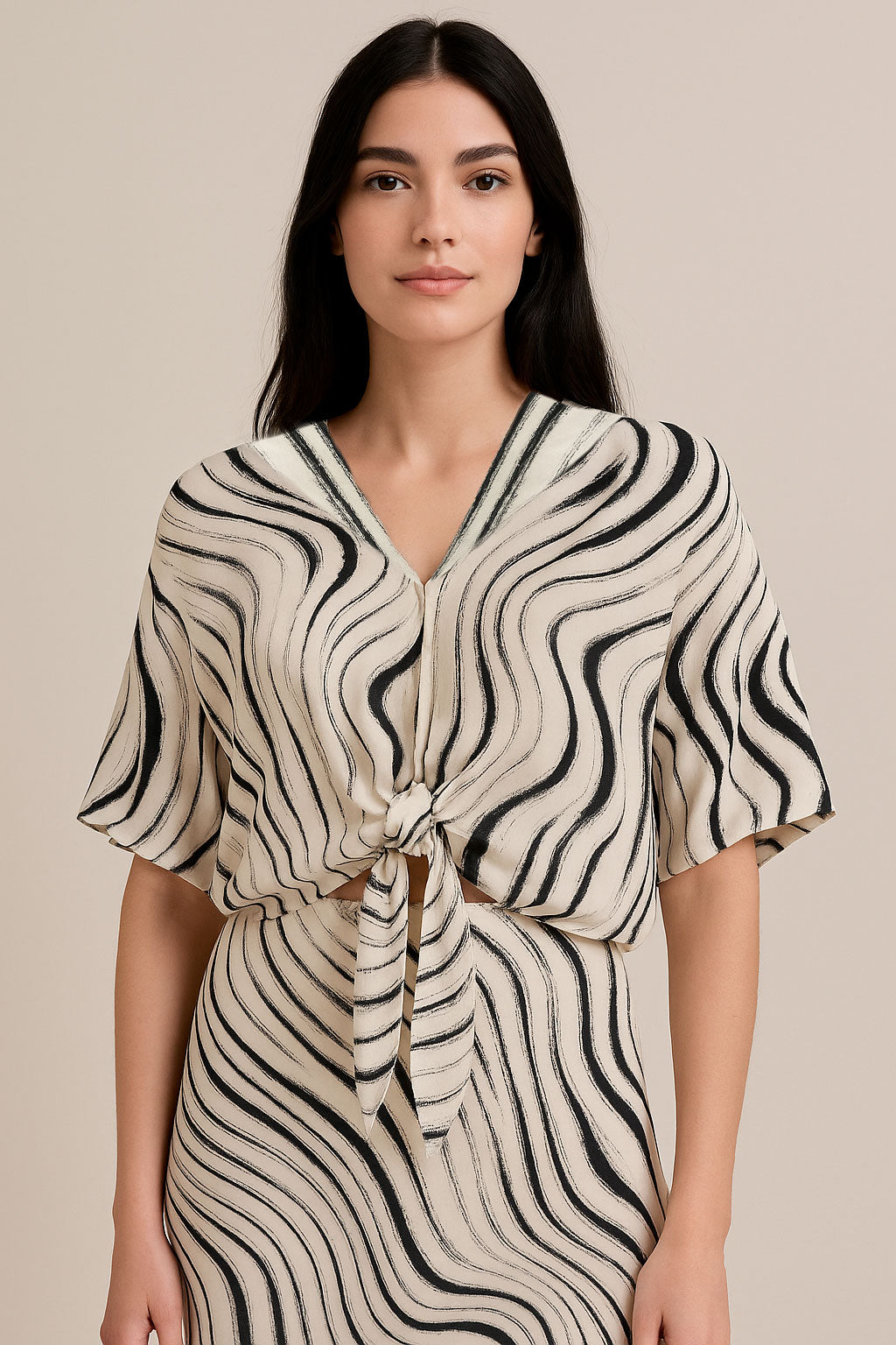 Blusas Para Mujer Estilo Top Con Nudo N53100 Hueso/Negro