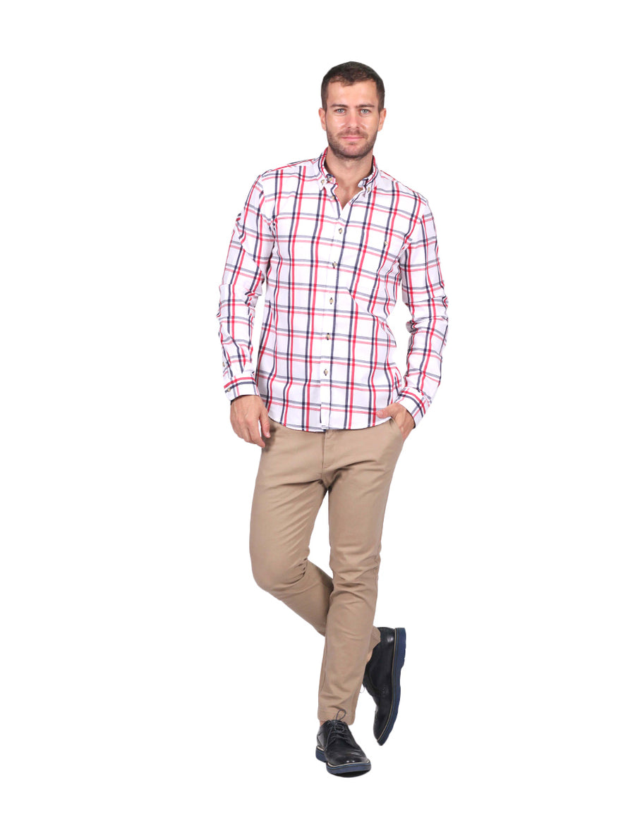 Camisas Para Hombre Bobois Moda Manga Larga Cuadros B25226 Blanco