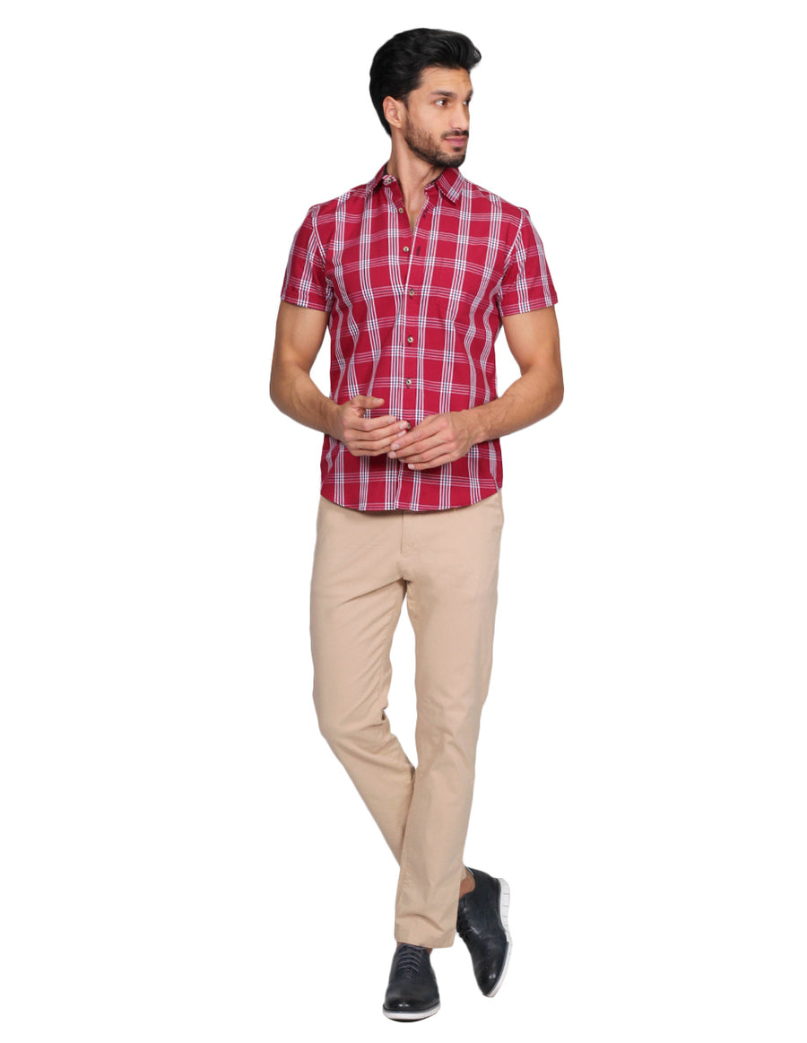 Camisas Para Hombre Bobois Moda Casuales Manga Corta Cuadros Slim Fit Rojo B21152