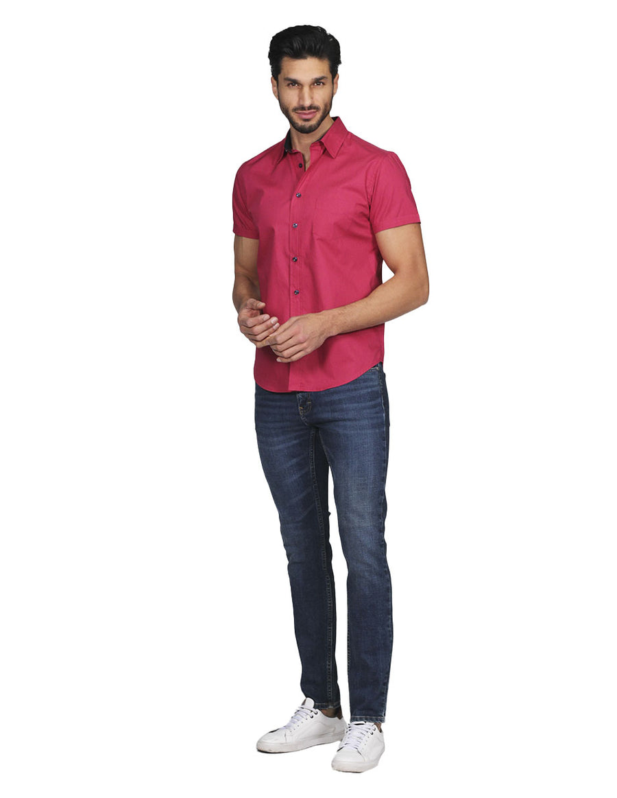 Camisas Para Hombre Bobois Moda Casuales Manga Corta Estampado de Puntos Slim Fit Rojo B21158