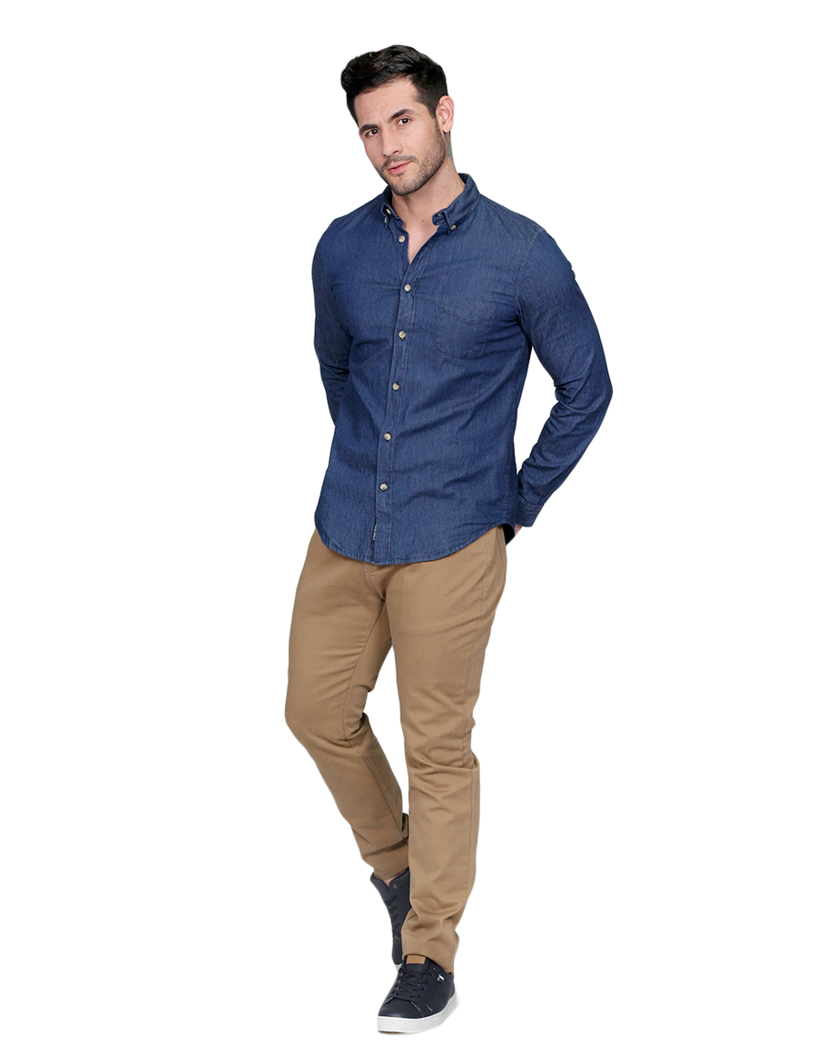 Camisas Para Hombre Manga Larga De Mezclilla Basica Relaxed Fit Indigo BOBOIS