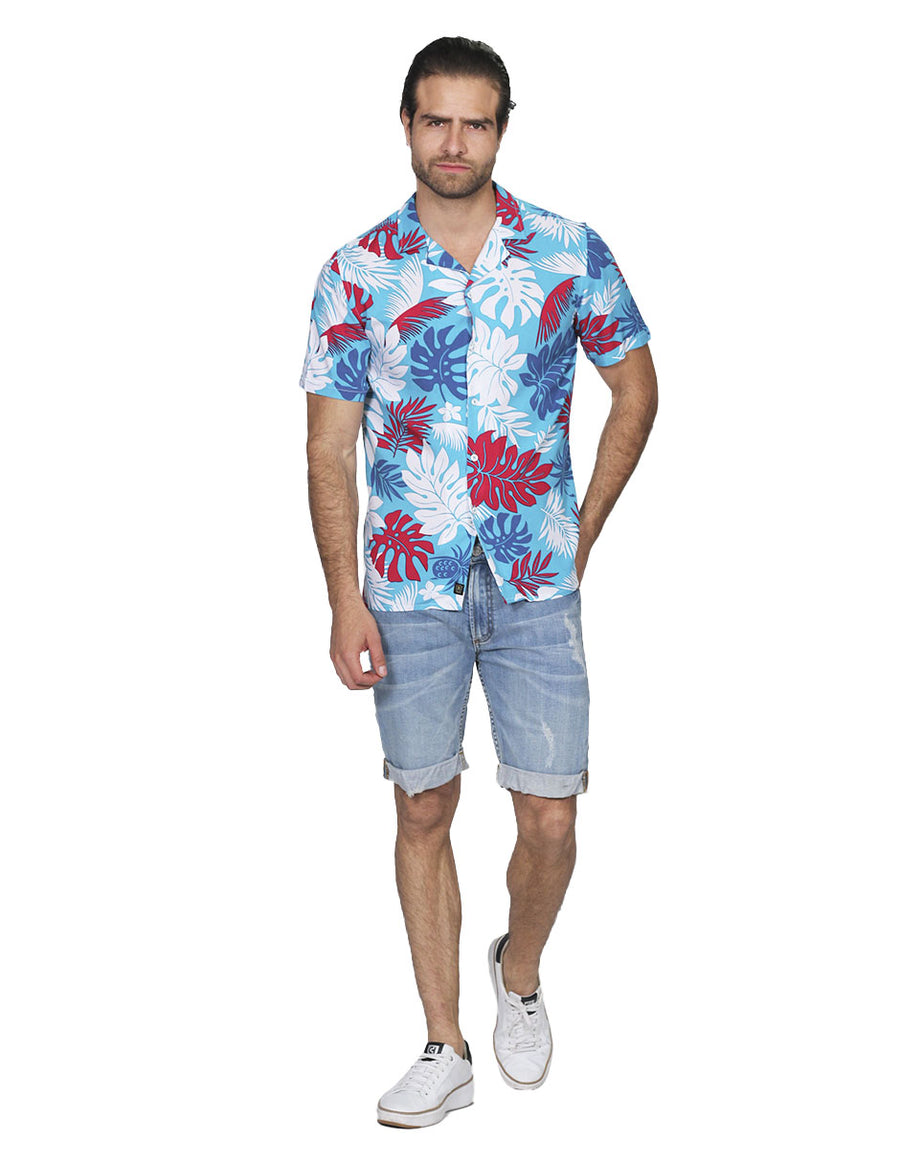 Camisas Para Hombre Bobois Moda Casuales Manga Corta Playa Hawaiana Estampado Floral Relaxed Fit Azul B21395