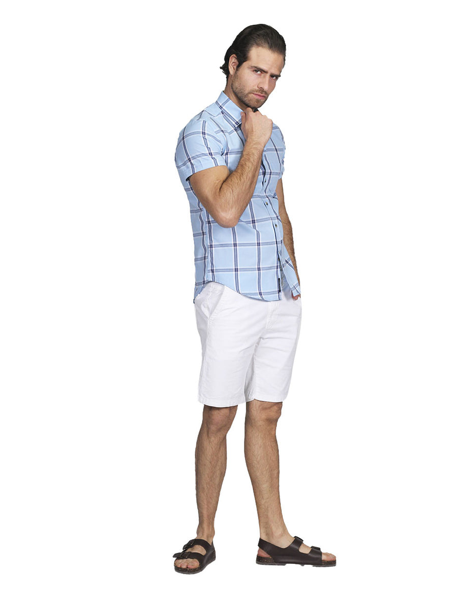 Camisas Para Hombre Bobois Moda Casuales Manga Corta Cuadros Slim Fit Cielo B21157