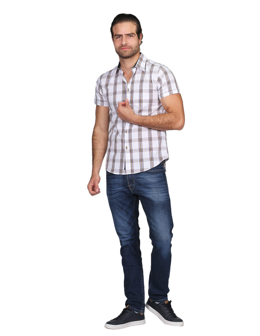 Camisas Para Hombre Bobois Moda Casuales Manga Corta Cuadros Slim Fit Blanco B21152