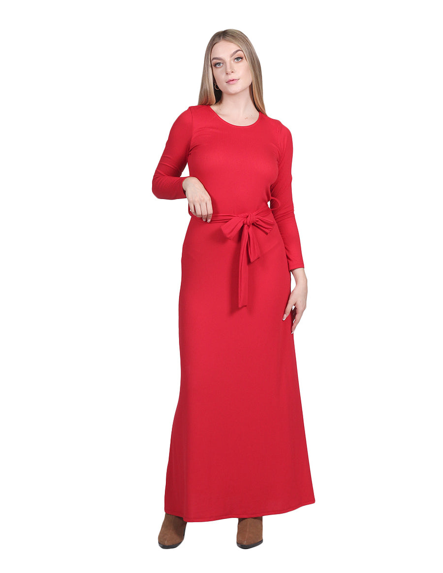 Vestidos Para Mujer Bobois Moda Casuales Maxi Largo Manga Larga Con Cinto Rojo S23103