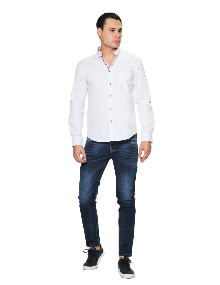 Camisas Para Hombre Bobois Casuales Moda Manga Larga Lisa Slim Fit B31101 Blanco