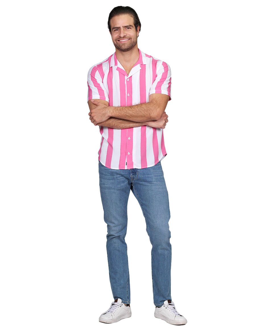Camisas Para Hombre Bobois Moda Casuales Manga Corta Rayas Relaxed Fit Rosa B21362