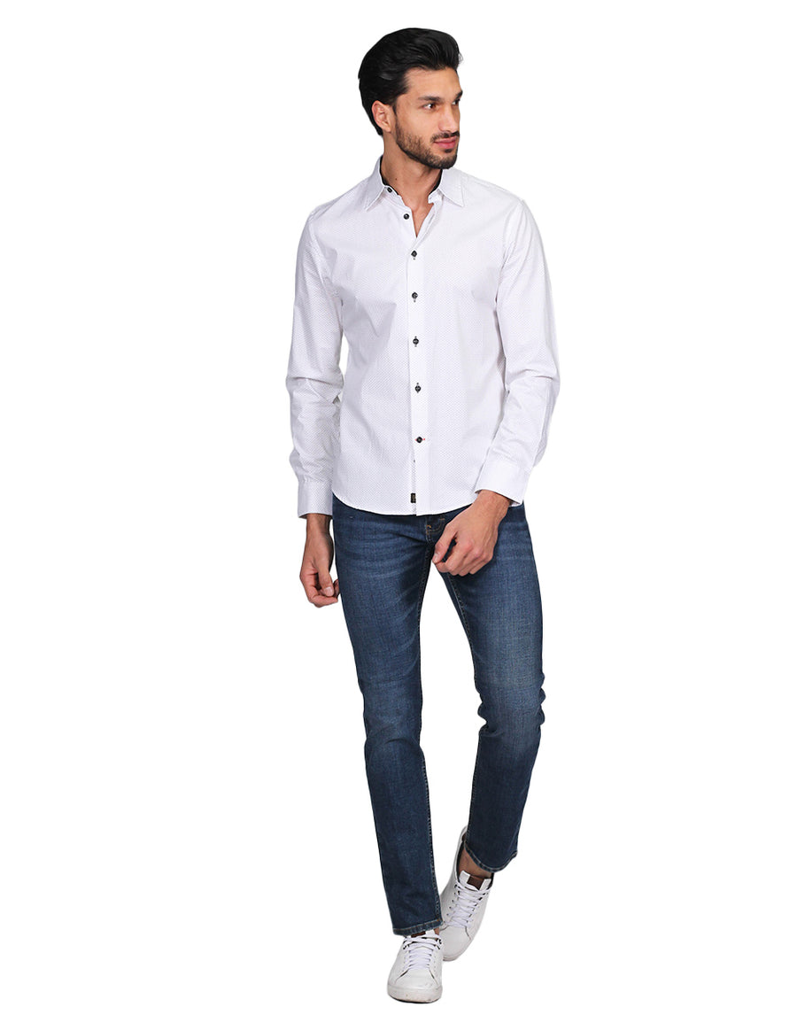 Camisas Para Hombre Bobois Moda Casuales Manga Larga Estampada Puntos Blanco B21313
