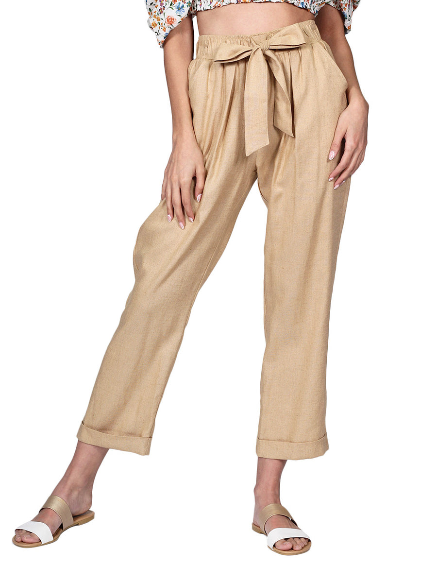 Pantalones Para Mujer Bobois Moda Casuales De Lino Flojos Pierna Amplia Beige W21104