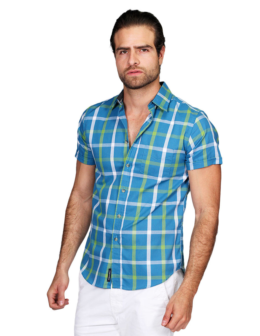 Camisas Para Hombre Bobois Moda Casuales Manga Corta Cuadros Slim Fit Verde B21156