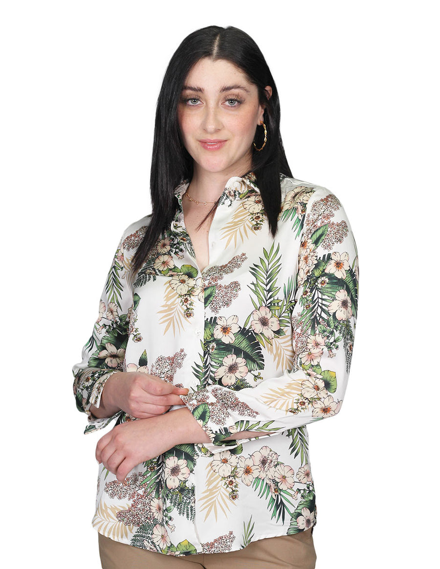 Blusas Para Mujer Bobois Moda Casuales Manga Larga Camisera Estampado Floral Hueso N21123