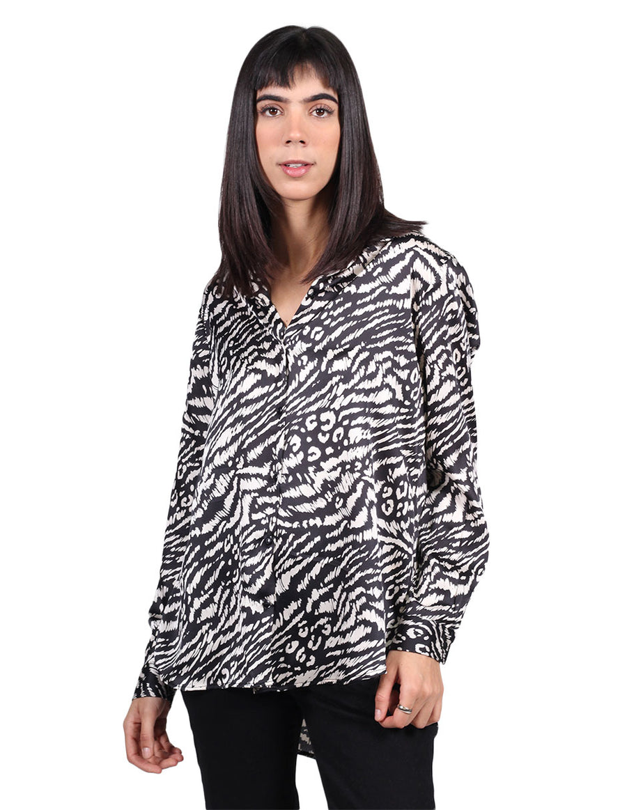 Blusas Para Mujer Bobois Casuales Moda Camisera Satinada Animal Print Negro N13113