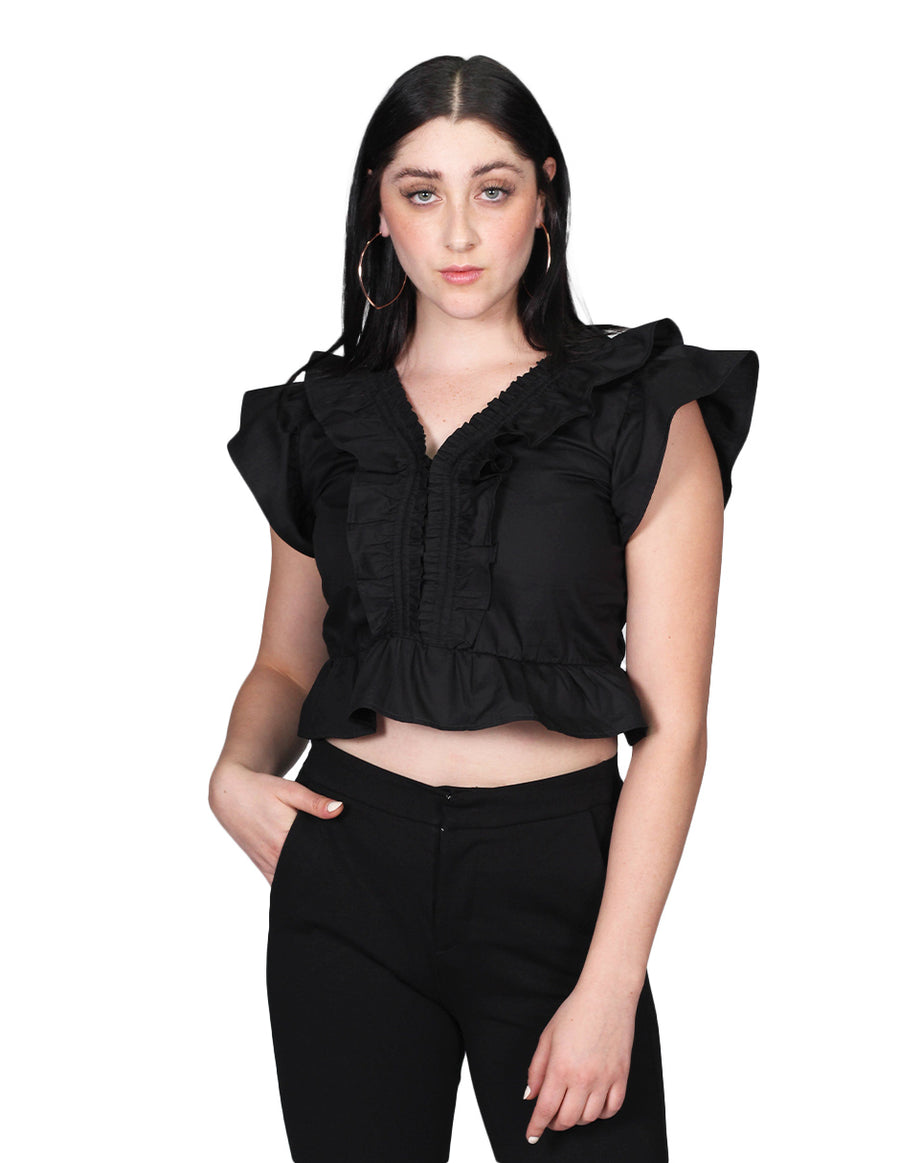 Blusas Para Mujer Bobois Moda Casuales Con Olanes Manga Corta Cuello V Negro N21111