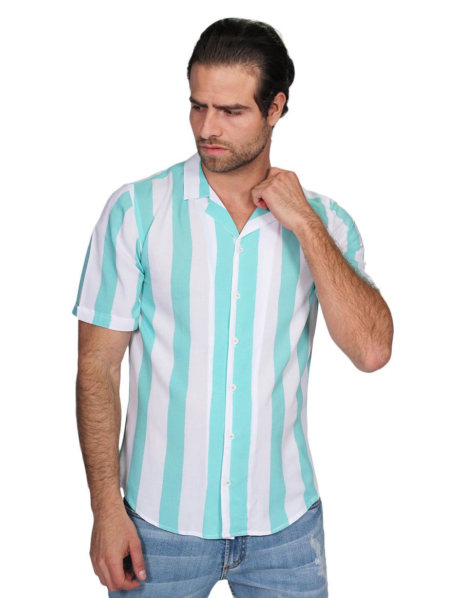 Camisas Para Hombre Bobois Moda Casuales Manga Corta Rayas Relaxed Fit Menta B21362