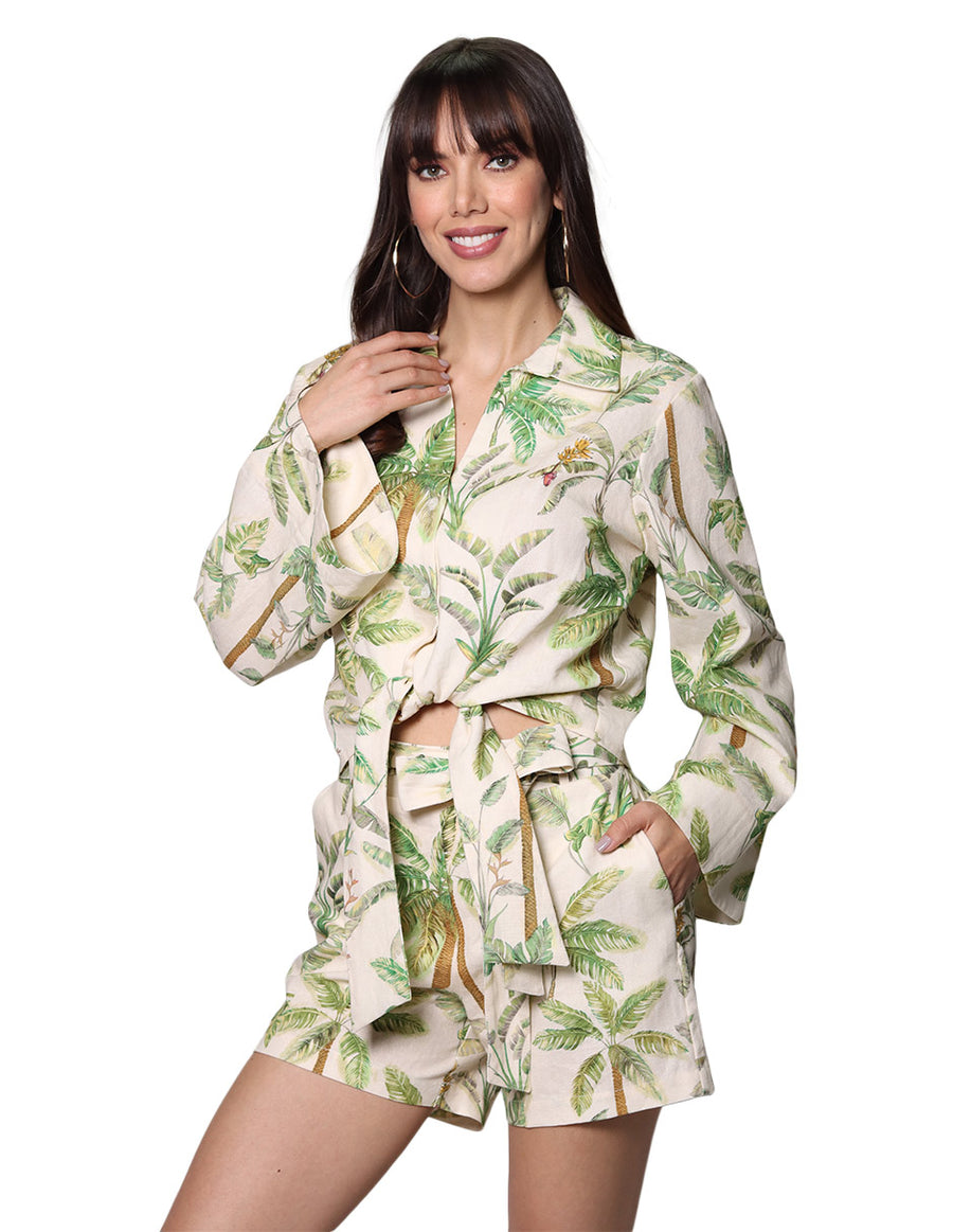 Blusas Para Mujer Bobois Moda Casuales Estampada Tropical Manga Amplia Playa N31118 Hueso