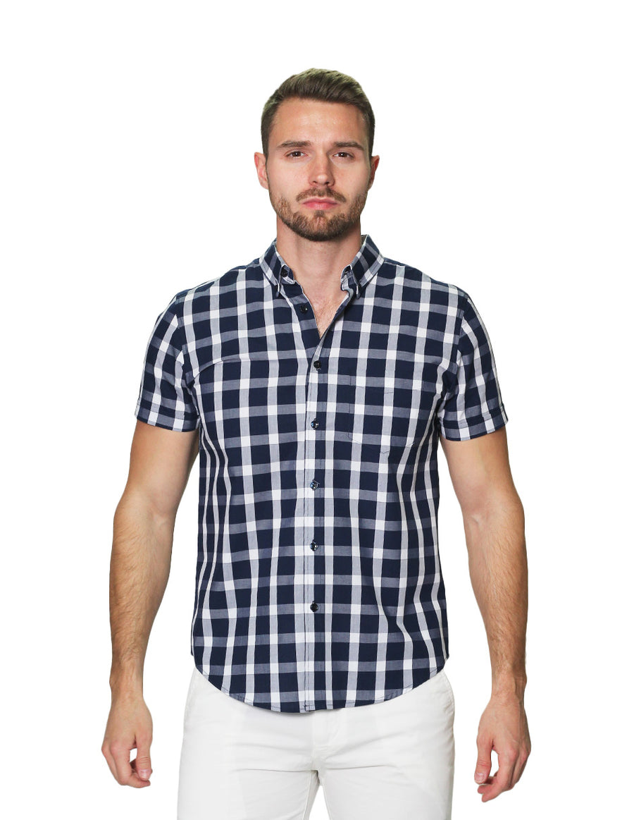 Camisas Para Hombre Bobois Moda Casuales Manga Corta Cuadros Regular Fit B31257 Marino