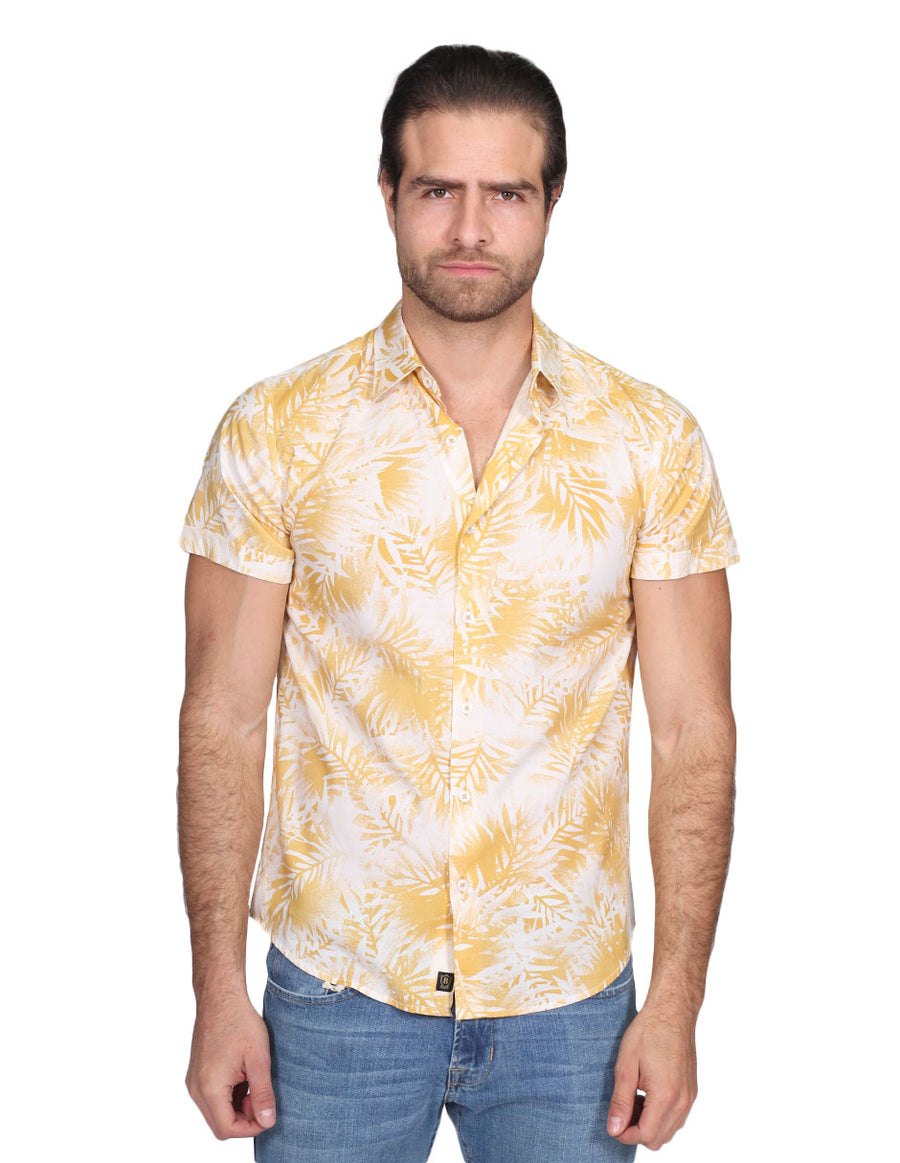 Camisas Para Hombre Bobois Moda Casuales Manga Corta Estampado Hawaianas Regular Fit Mostaza B21361